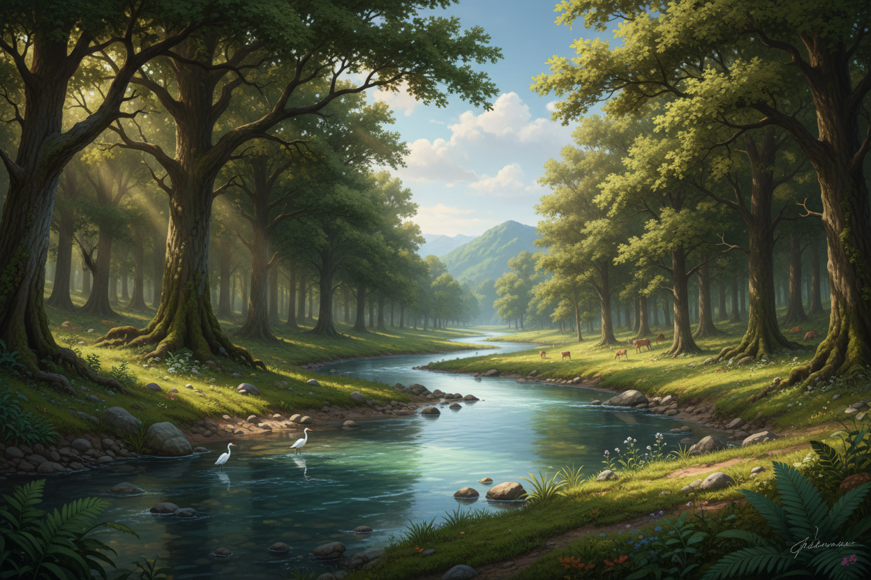 Ein malerischer Fluss windet sich durch einen lichten, sonnendurchfluteten Wald mit grasenden Hirschen und Reihern im flachen Wasser.